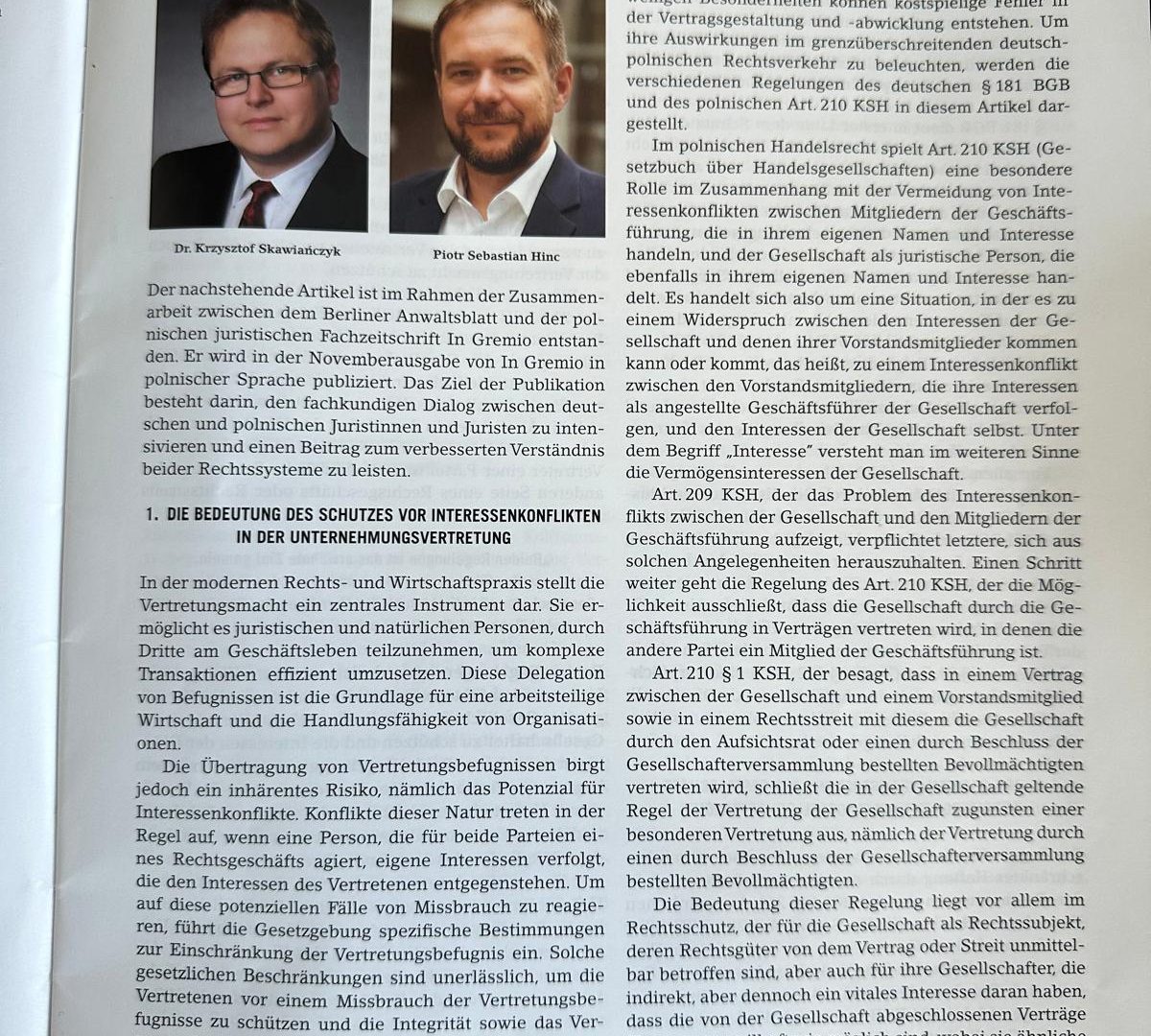 Artykuł adwokata dr Krzysztofa Skawiańczyka w wydaniu Berliner Anwaltsblatt